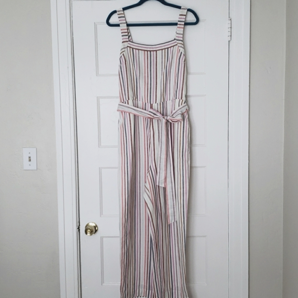 Gap Apron Neck Stripe Jumpsuit in Linen-Cotton